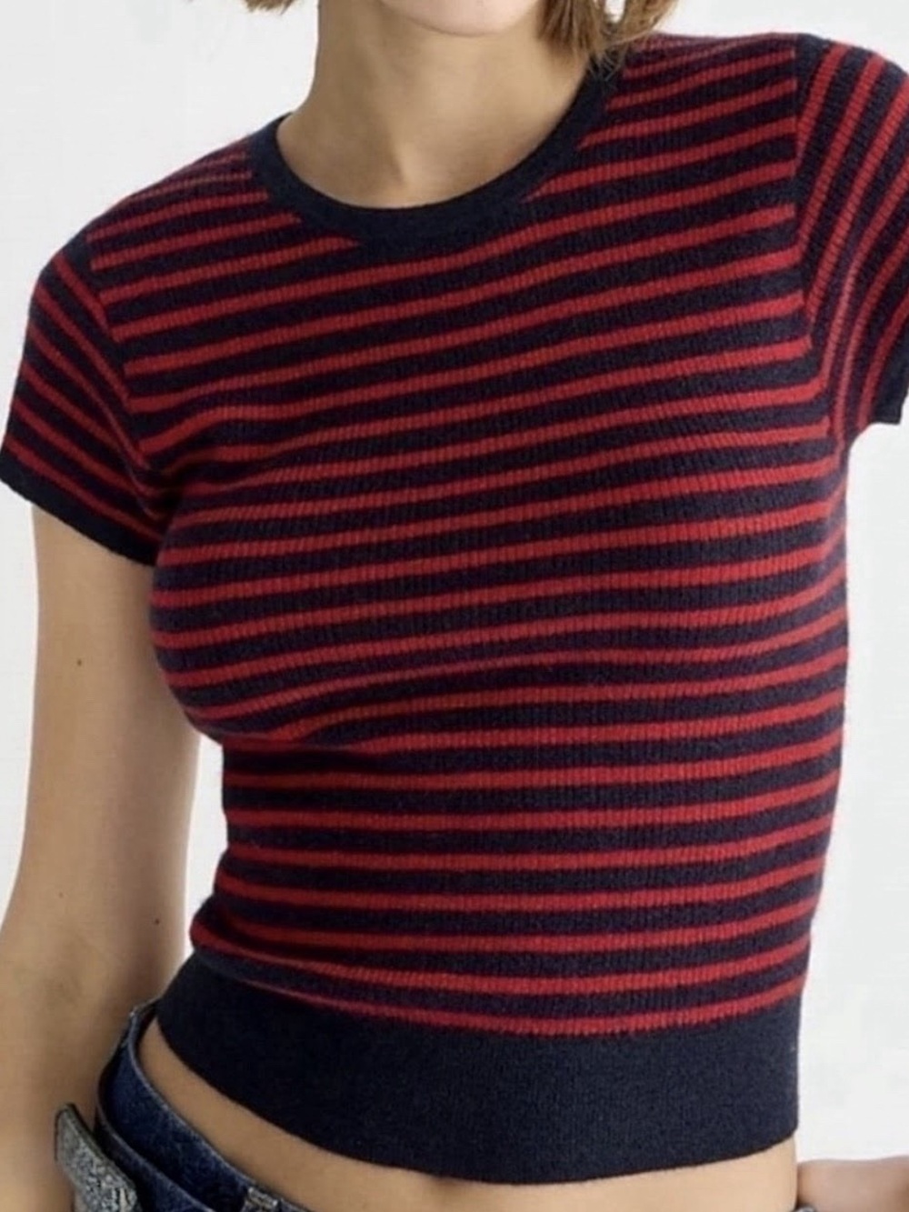 J, Crew Striped Short-Sleeve Cropped Ribbed Knit Top - Red/Navy, XS